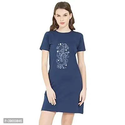 Stylish Navy Blue Cotton Blend Printed T-shirt Dress For Women