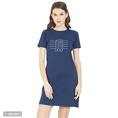 Stylish Navy Blue Cotton Blend Printed T-shirt Dress For Women