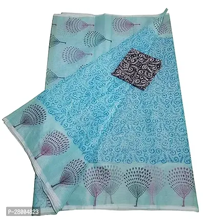 Womens Kota Doria Cotton block Printed Saree With Unstitched Blouse Piece