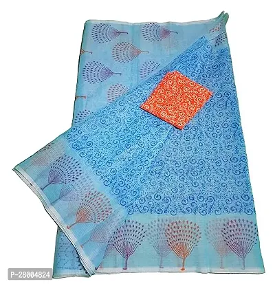 Womens Kota Doria Cotton block Printed Saree With Unstitched Blouse Piece-thumb0