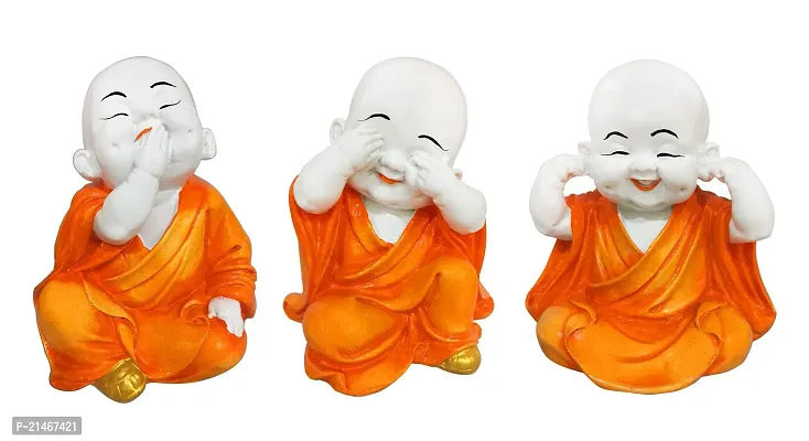 Classic Handcrafted Set Of 3 Resine Little Buddha Monk Sculpture | Buddha Idols For Home Decori Figurine, Showpiece, Sculpture For Health, Wealth and Prosperity-thumb0