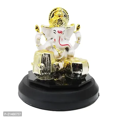 Classic Gold Plated Golden Tabla White Color Ganesh Idol For Car Dashboard and Home Decor I Car Dashboard Idols I Ganpati For Car Dashboard I Car Idols For Dashboard-thumb2