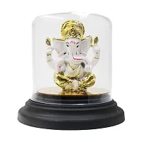 Classic Gold Plated Glass Cover White Color Ganesh Idol For Car Dashboard and Home Decor I Car Dashboard Idols I Ganpati For Car Dashboard I Car Idols For Dashboard-thumb1