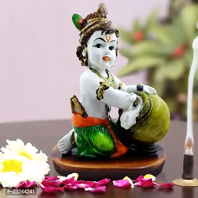 Karigaari India Handcrafted Polyresine Bal Krishna Eating Makhan Showpiece for Home Decor and Office (Orange, Green, White)