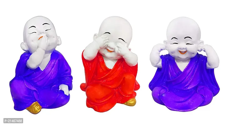 Classic Handcrafted Set Of 3 Resine Little Buddha Monk Sculpture | Buddha Idols For Home Decori Figurine, Showpiece, Sculpture For Health, Wealth and Prosperity
