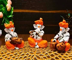 Classic Polyresine Set Of 3 Orange Dhoti and Turban Ganesha Playing Instruments Showpiece-thumb1