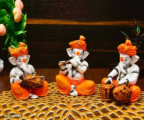 Classic Polyresine Set Of 3 Orange Dhoti and Turban Ganesha Playing Instruments Showpiece-thumb2