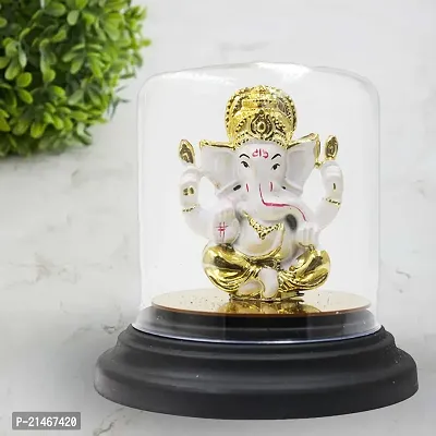 Classic Gold Plated Glass Cover White Color Ganesh Idol For Car Dashboard and Home Decor I Car Dashboard Idols I Ganpati For Car Dashboard I Car Idols For Dashboard-thumb0