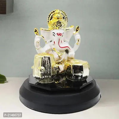 Classic Gold Plated Golden Tabla White Color Ganesh Idol For Car Dashboard and Home Decor I Car Dashboard Idols I Ganpati For Car Dashboard I Car Idols For Dashboard