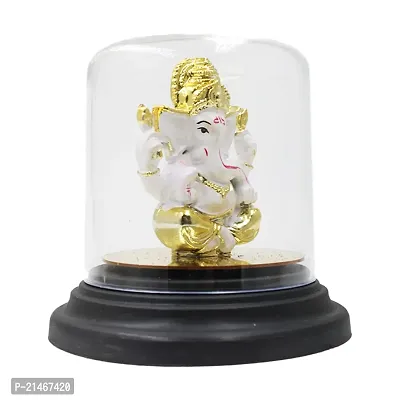 Classic Gold Plated Glass Cover White Color Ganesh Idol For Car Dashboard and Home Decor I Car Dashboard Idols I Ganpati For Car Dashboard I Car Idols For Dashboard-thumb3
