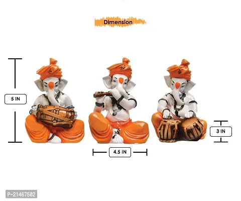 Classic Polyresine Set Of 3 Orange Dhoti and Turban Ganesha Playing Instruments Showpiece-thumb4