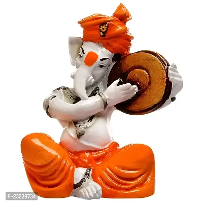 Karigaari India Polyresine Ganesha Playing Dafli - Orange  White-thumb2