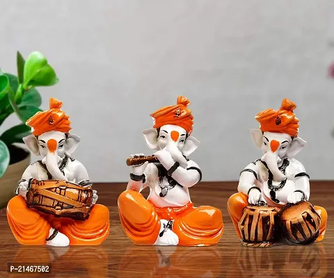 Classic Polyresine Set Of 3 Orange Dhoti and Turban Ganesha Playing Instruments Showpiece