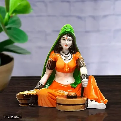 Karigaari India Handcrafted Rajasthani Lady Making Chakki Polyesine Idol Showpiece for Home Decor.