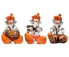 Classic Polyresine Set Of 3 Orange Dhoti and Turban Ganesha Playing Instruments Showpiece-thumb2