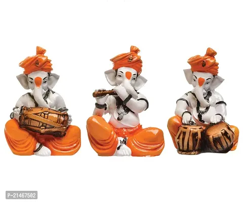 Classic Polyresine Set Of 3 Orange Dhoti and Turban Ganesha Playing Instruments Showpiece-thumb3