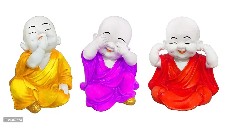 Classic Handcrafted Set Of 3 Resine Little Buddha Monk Sculpture | Buddha Idols For Home Decori Figurine, Showpiece, Sculpture For Health, Wealth and Prosperity