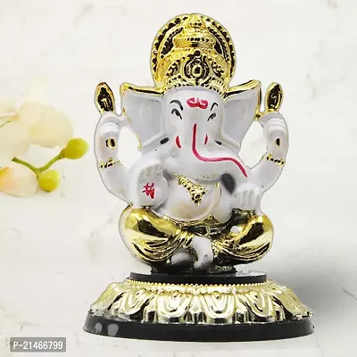 Classic Gold Plated Golden Stand White Color Ganesh Idol For Car Dashboard and Home Decor I Car Dashboard Idols I Ganpati For Car Dashboard I Car Idols For Dashboard-thumb0