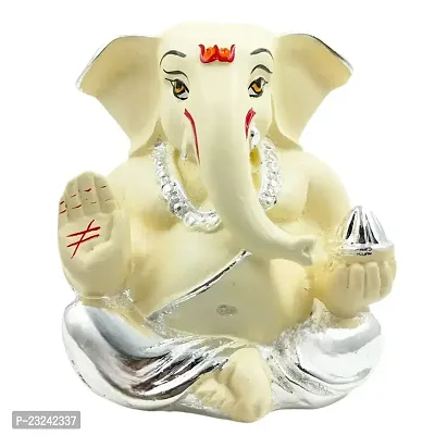 Karigaari India Ganpati Silver Plated Resin Ganesha for Car Dashboard Idol  Showpiece (4 x 4, Silver and Off White) showpiece,(Pack of 1)