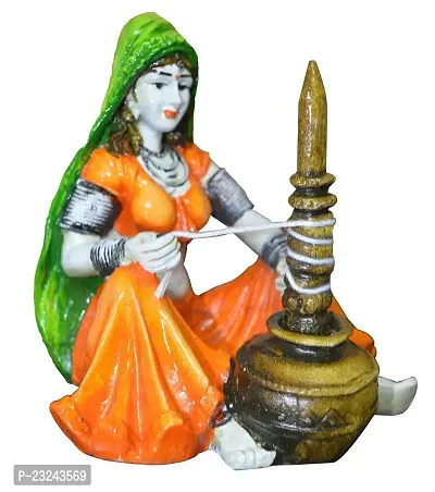 Karigaari Plastic Rajasthani Lady with Chaas Polyresine Showpiece (20.19 cm x 14.81 cm x 10.39 cm, Orange Green)