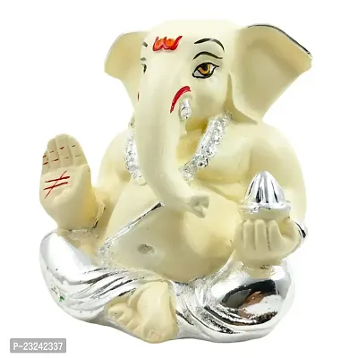 Karigaari India Ganpati Silver Plated Resin Ganesha for Car Dashboard Idol  Showpiece (4 x 4, Silver and Off White) showpiece,(Pack of 1)-thumb3