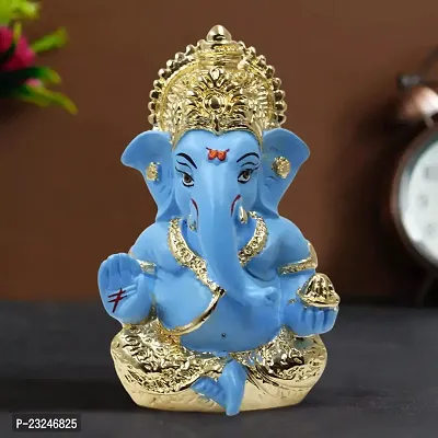 Karigaari India Gold Plated Ceramic Blue Color Pagdi Ganesh Idol for car Dashboard  Home Decor I Car Dashboard Idols I Ganpati for car Dashboard I Car Idols for Dashboard (Size : 3 x 2 inches)