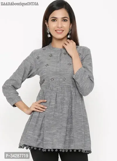 Stylish Grey Cotton Stitched Kurta For Women-thumb0