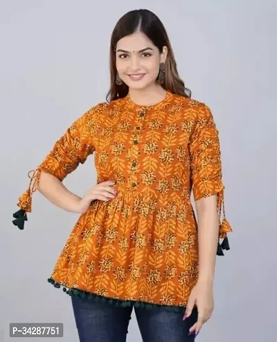 Stylish Orange Cotton Stitched Kurta For Women-thumb0