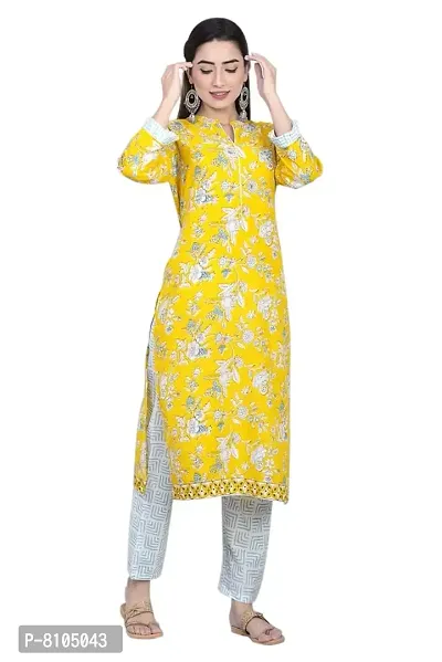 Moktika Women Cotton Printed Yellow Kurta with Pant Set (X-Large)-thumb0