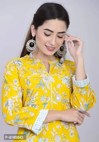 Moktika Women Cotton Printed Yellow Kurta with Pant Set (X-Large)-thumb3