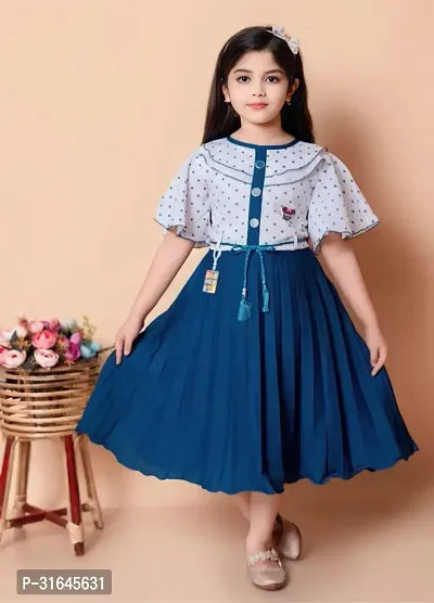 Stylish Navy Blue Cotton Blend Fit And Flare Dress For Girl-thumb0