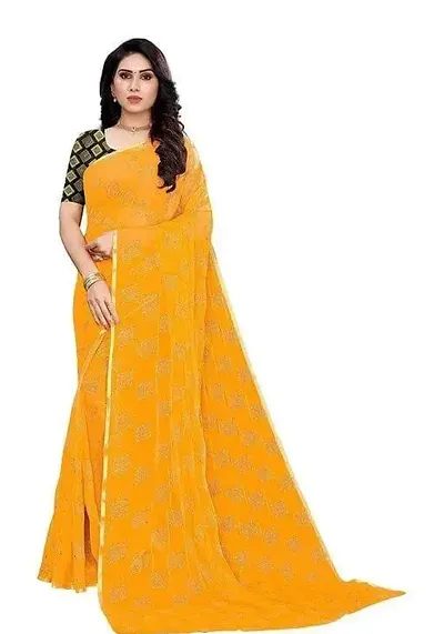 Fabmora Women's Beaded Foil Printed Chiffon Saree With Jacquard Blouse Piece