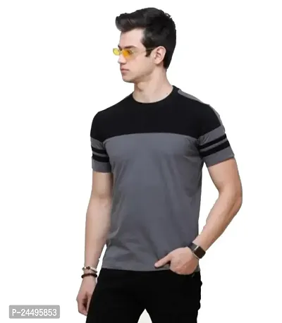 Men Colorblock Round Neck Cotton Blend T-Shirt (XX-Large, Black-Grey)-thumb0