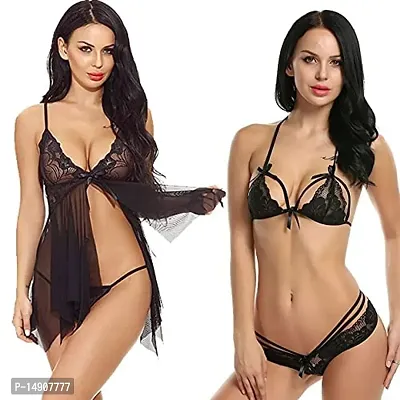 Ceniz Babydoll Lingerie Set for Honeymoon for Woman | Sexy Night Dress | Hot Nighty for Women | Above Knee Baby Doll Night Dress | Semi Transparent Free Size Pack of of 2 . (Free Size, Black)-thumb0