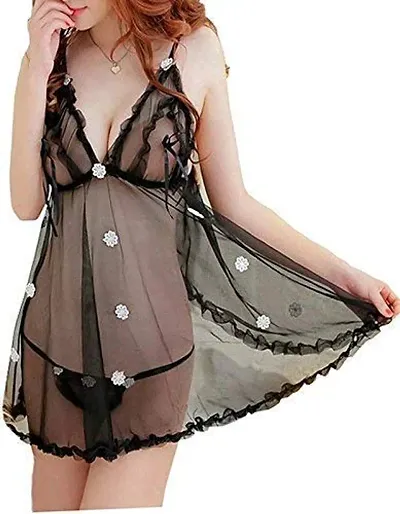 Ceniz Women's Net Babydoll Nightwear Lingerie Dress with G-String Panty.