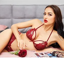 Ceniz Lace Lingerie Babydoll 2 Piece Sexy Brasso  Net Blended Bra and Panty Set (Wine Red)-thumb4