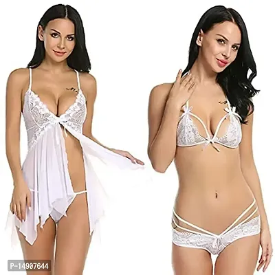 Ceniz Babydoll Lingerie Set for Honeymoon for Woman | Sexy Night Dress | Hot Nighty for Women | Above Knee Baby Doll Night Dress | Semi Transparent Free Size Pack of of 2 . (Free Size, White)-thumb0