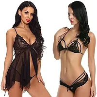 Ceniz Babydoll Lingerie Set for Honeymoon for Woman | Sexy Night Dress | Hot Nighty for Women | Above Knee Baby Doll Night Dress | Semi Transparent Free Size Pack of of 2 . (Free Size, Black)-thumb2