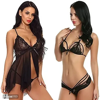 Ceniz Babydoll Lingerie Set for Honeymoon for Woman | Sexy Night Dress | Hot Nighty for Women | Above Knee Baby Doll Night Dress | Semi Transparent Free Size Pack of of 2 . (Free Size, Black)-thumb3