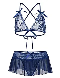 Ceniz Women's Brasso  Net Blended Babydoll Nightwear Lingerie with Panty for Women  Girls | Sleepwear Hot  Sexy Above Knee First Night Dress/Thongs for Honeymoon (Free Size, Blue)-thumb3