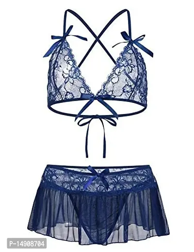 Ceniz Women's Brasso  Net Blended Babydoll Nightwear Lingerie with Panty for Women  Girls | Sleepwear Hot  Sexy Above Knee First Night Dress/Thongs for Honeymoon (Free Size, Blue)-thumb4