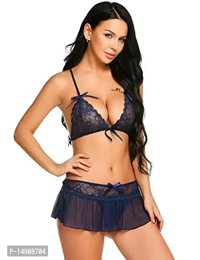 Ceniz Women's Brasso  Net Blended Babydoll Nightwear Lingerie with Panty for Women  Girls | Sleepwear Hot  Sexy Above Knee First Night Dress/Thongs for Honeymoon (Free Size, Blue)-thumb2