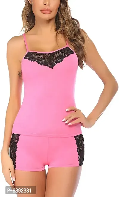 Ceniz Women's Sleepwear Lace Pajamas Set Shorts Nightwear for Women & Girls | Hot & Sexy Above Knee|- (Pink, S)