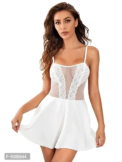 Ceniz Women's Floral Lace Sleeveless Satin Slip Spaghetti Strap Chemises Sleepwear Night Dress Nightgown . (Free Size, White)