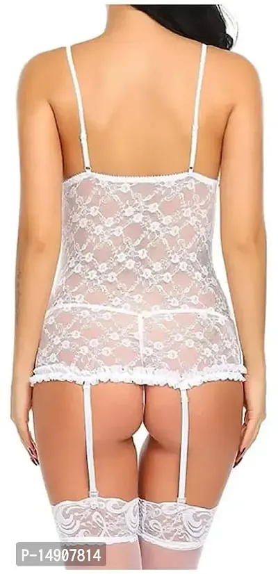 Ceniz Women's Elastane Mini Babydoll Nightwear Lingerie Set for Women  Girls | Hot  Sexy Above Knee First Night Dress/Thongs for Honeymoon (White)-thumb2