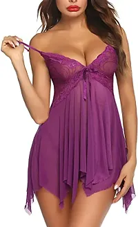 Ceniz Women's Polyester Blend Solid Above The Knee Babydoll Lingerie (CZVFS26_Purple_Free Size)-thumb1