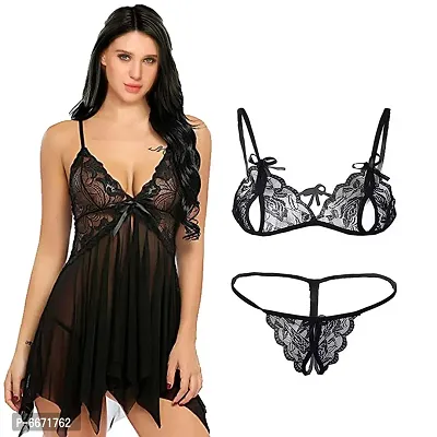 This Combo Pack ! Women Babydoll Nightwear Lingerie and Bra Panty Lingerie Set .(28 to 34 Inch ).-thumb0