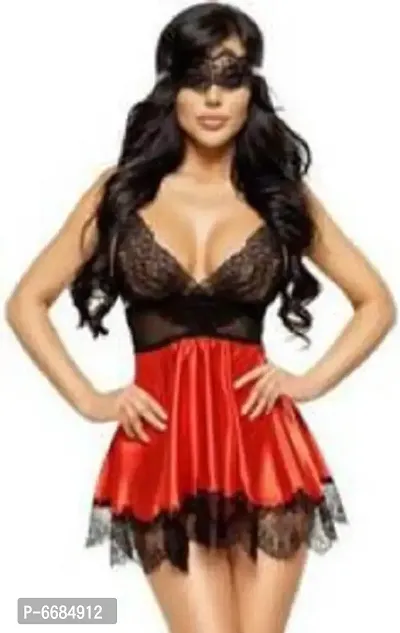 Women Lace and Satin Babydoll Lingerie Nightwear Dress with Eye mask.(28 to 34)