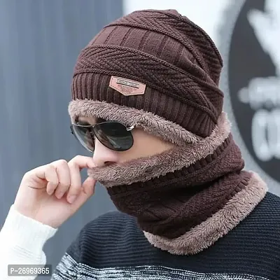 Classy Woolen Solid Beanie Cap with Neck Warmer for Unisex-thumb0