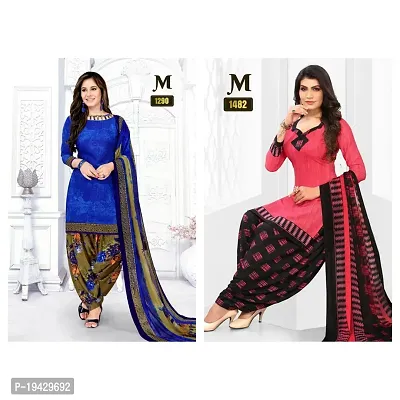 EverEthnic Women's Top and Bottom Crepe With Chiffon Dupatta Printed Unstitched Salwar Suit Material (COMBO OF 2)